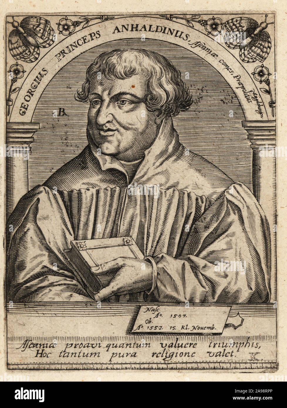 George III, Prince d'Anhalt-Dessau, 1507-1553, prince allemand de la maison d'Ascania et gouverneur de la principauté d'Anhalt-Dessau, réformateur protestant. Georgius Princeps. Anhaldinus La gravure sur cuivre de Johann Theodore de Bry de la Bibliotheca chalcographica Jean-Jacques Boissard, Johann Ammonius, Francfort, 1650. Banque D'Images