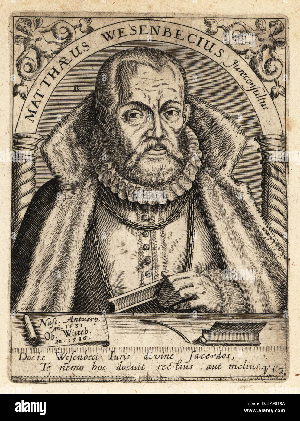 Matthieu, Wesenbeck 1531-1586, juriste belge et élève de Gabriel Mudaeus. Mathaeus Wesenbecius Jureconsultus. La gravure sur cuivre de Johann Theodore de Bry de la Bibliotheca chalcographica Jean-Jacques Boissard, Johann Ammonius, Francfort, 1650. Banque D'Images