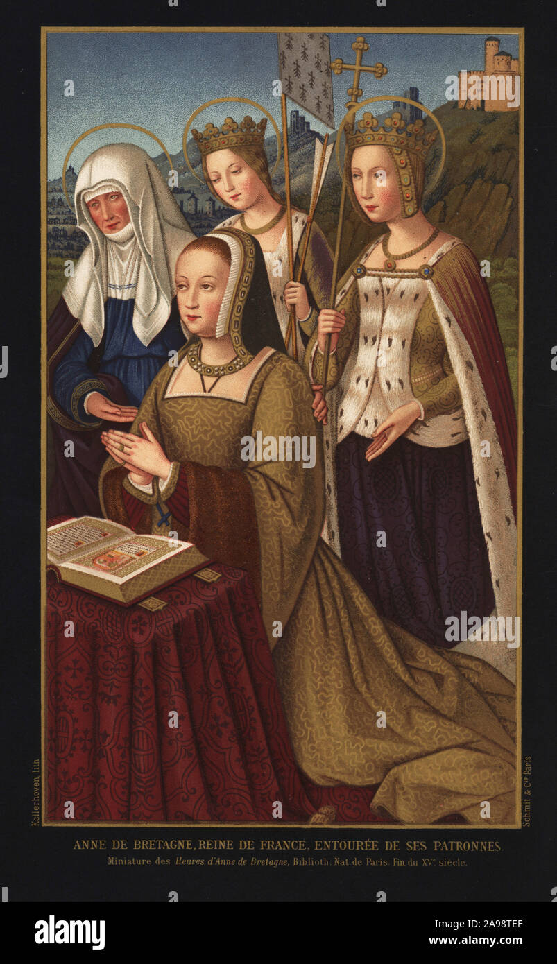 Anne de Bretagne, Reine de France, kneelng avec ses trois saints patrons Saint Anne, Saint Ursula et Sainte Catherine d'Alexandrie. Anne de Bretagne, Reine de Frane, entouree de ses patronnes. Par Jean Bourdichon de Grandes Heures d'Anne de Bretagne, 1503. Chromolithographie par Franz Kellerhoven de Paul Lacroix's La Vie militaire et religieuse au Moyen Age et a l'Epoque de la Renaissance, la vie militaire et religieuse au Moyen Âge et à la Renaissance, Paris, 1873. Banque D'Images