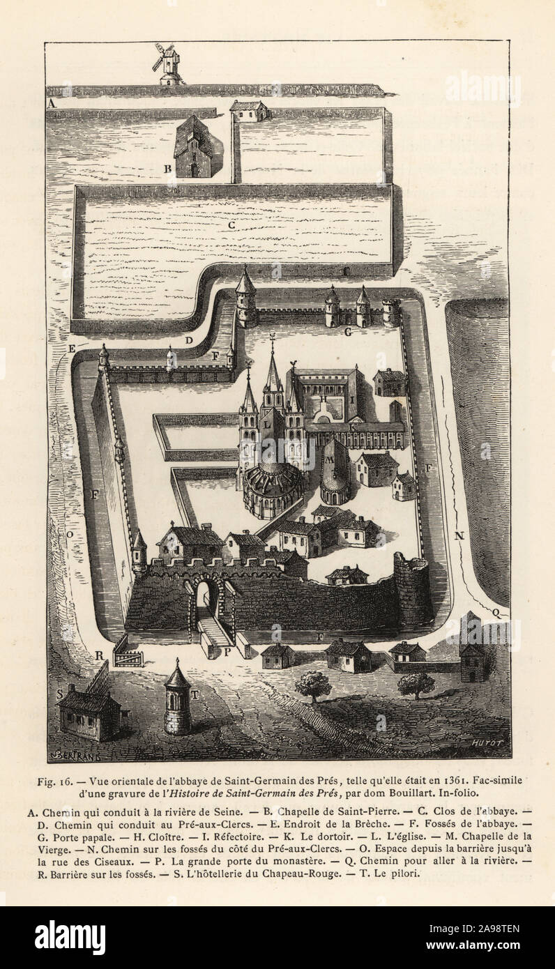 Vue sur l'abbaye de Saint-Germain des Prés, 1361. Vue orientale de l'abbaye de Saint-Germain des Prés, 1361. Gravure sur bois par Etienne Huyot et Jules Huyot après Bertrand de Paul Lacroix's La Vie militaire et religieuse au Moyen Age et a l'Epoque de la Renaissance, la vie militaire et religieuse au Moyen Âge et à la Renaissance, Paris, 1873. Banque D'Images