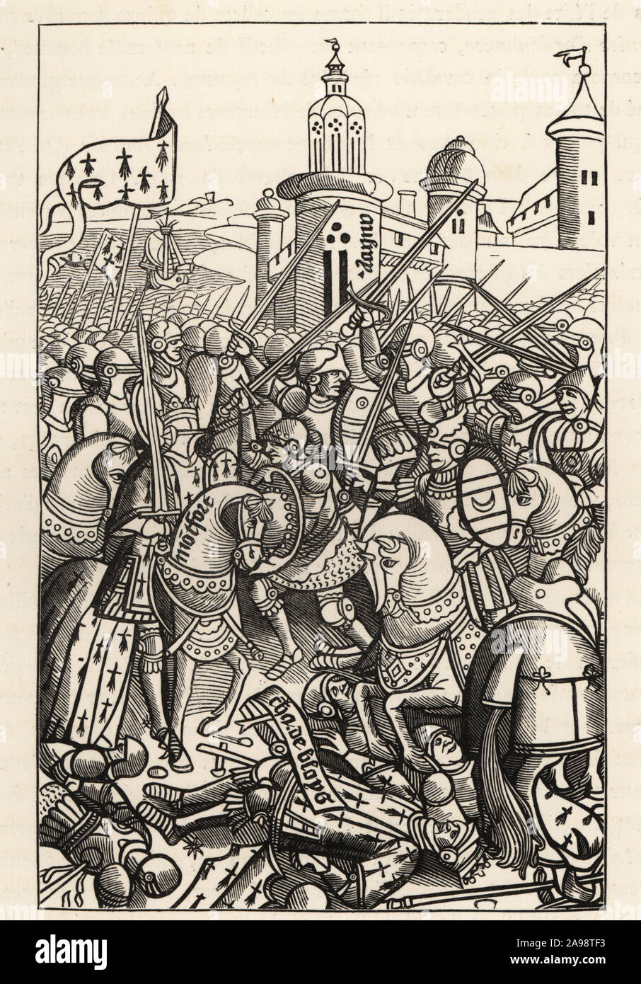 La bataille d'Auray, 1364, entre Jean de Montfort et Charles de Blois, où Bertrand du Guesclin fut capturé par Chandos. Gravure sur bois d'Alain Bouchard, Chroniques de Bretagne, 1514. Batallie d'Auray (29 septembre 1364), entre Jean de Montfort et Charles de Blois, dans laquelle Bertrand du Guesclin fut emprisonné par Chandos. Gravure sur bois par Etienne Huyot et Jules Huyot de Paul Lacroix's La Vie militaire et religieuse au Moyen Age et a l'Epoque de la Renaissance, la vie militaire et religieuse au Moyen Âge et à la Renaissance, Paris, 1873. Banque D'Images