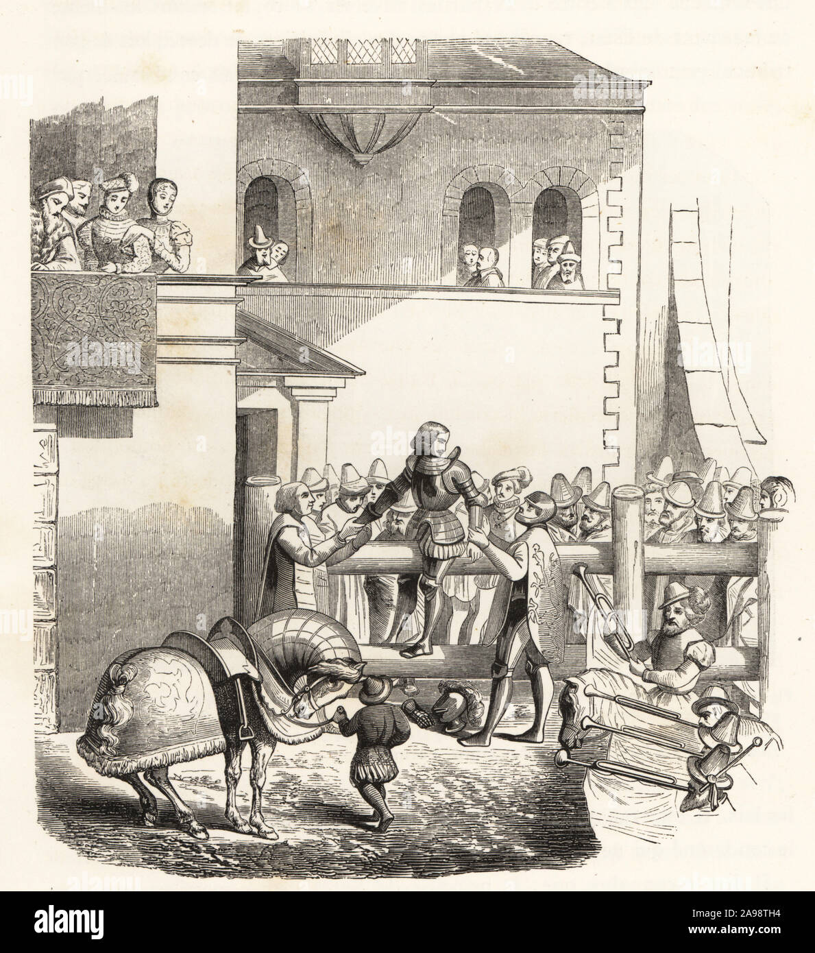 La dégradation d'un chevalier. Le chevalier déshonoré est dépouillé de son armure, gantelets, barre et éperons. Trompettistes annoncer la cérémonie. Gravure sur bois attribuée à Jost Amman, 1565. Dégradation de l'environnement d'un chevalier. Gravure sur bois de Paul Lacroix's La Vie militaire et religieuse au Moyen Age et a l'Epoque de la Renaissance, la vie militaire et religieuse au Moyen Âge et à la Renaissance, Paris, 1873. Banque D'Images