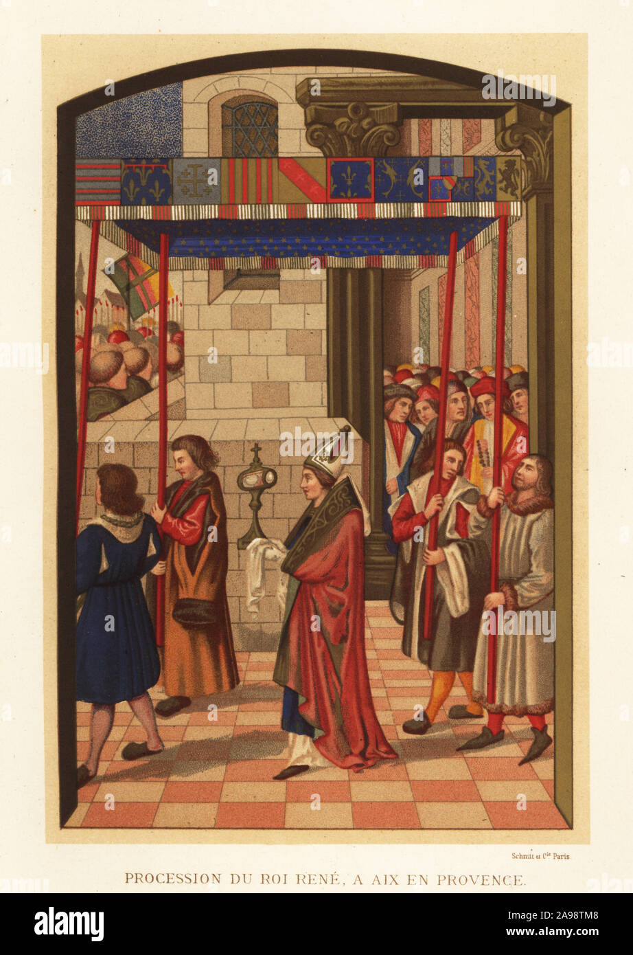 Procession du Roi René d'Anjou à Aix en Provence. Un évêque promenades sous  un dais tenu par quatre hommes en face du roi René et de ses courtisans.  Après une miniature dans