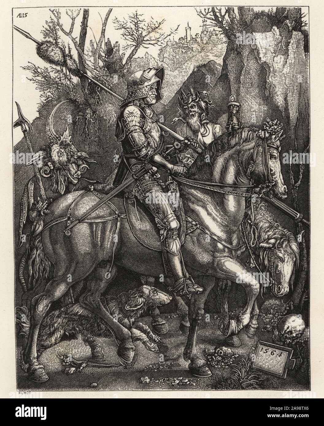Le chevalier de la mort sur son chemin à la guerre accompagné de figures allégoriques de la mort et le péché. Après une conception par Albrecht Durer gravé par Wierick, 1564. Le chevalier de la mort. Gravure sur bois par Huyot de Paul Lacroix's La Vie militaire et religieuse au Moyen Age et a l'Epoque de la Renaissance, la vie militaire et religieuse au Moyen Âge et à la Renaissance, Paris, 1873. Banque D'Images