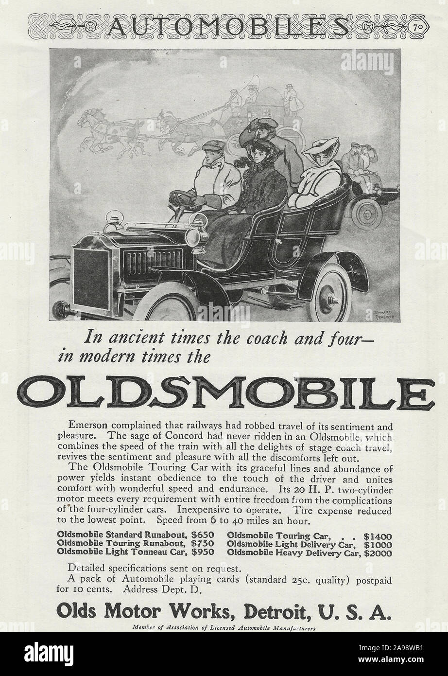 Publicité pour les automobiles Oldsmobile, vers 1905 Banque D'Images