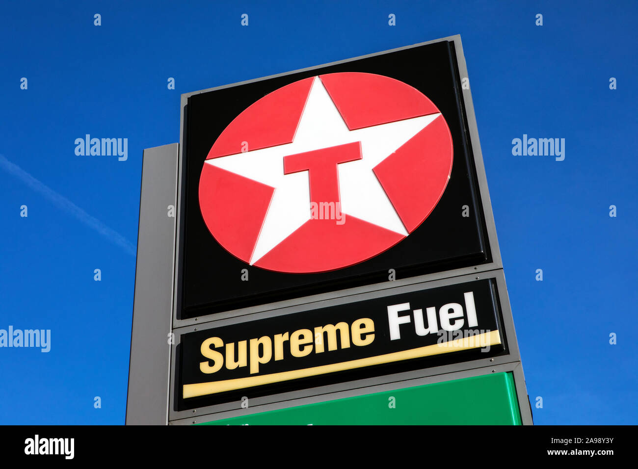 Kent, UK - 21 Février 2019 : Le logo Texaco à une station-service Texaco dans le Kent, Angleterre. Banque D'Images