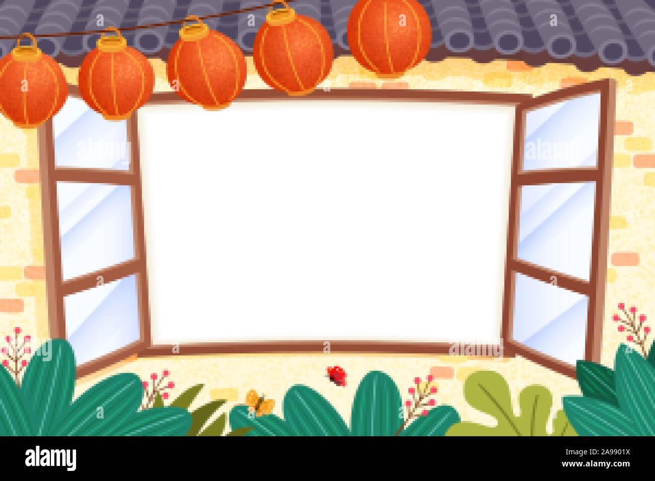 Fenêtre ouverte avec de lampions rouges et des plantes de jardin Illustration de Vecteur