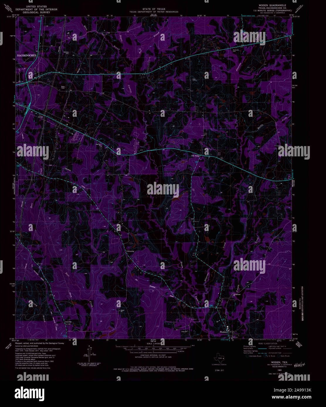 Carte TOPO USGS Texas TX Woden 1172461983 inversé 24000 Banque D'Images