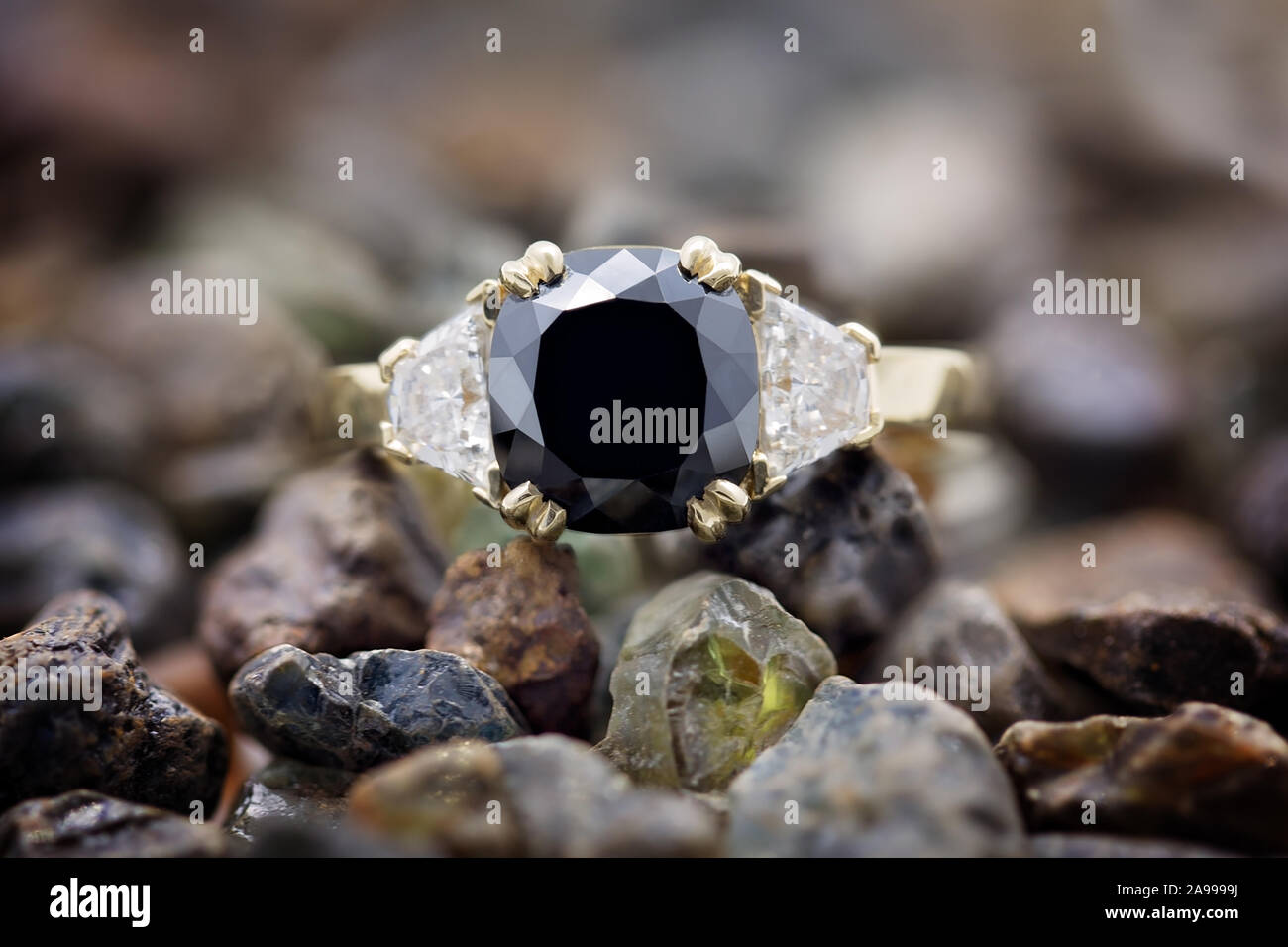 Black diamond magnifique bague avec diamants blancs de chaque côté, dans une bande d'or jaune, reposant sur des pierres précieuses non coupée Banque D'Images