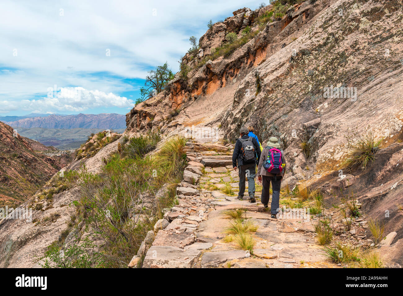 Un groupe de touristes et randonneurs marche sur le sentier des Incas de Bolivie en dehors de sucre en Chataquila. Banque D'Images