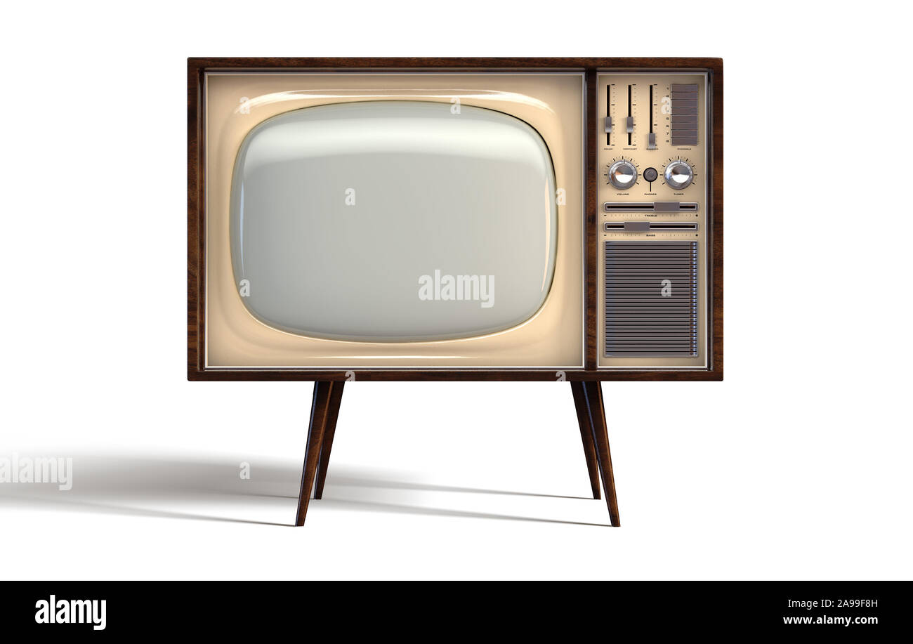 Un concept de télévision vintage des années 70 en plastique chrome et bois sur un fond studio blanc isolé - 3D render Banque D'Images