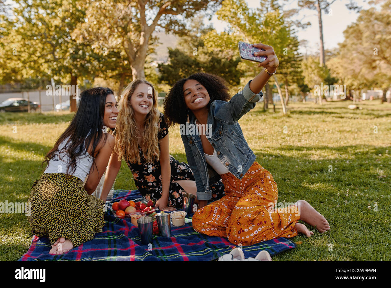 Groupe de professionnels divers trois amies assis ensemble à la couverture sur l'herbe verte en profitant des pique-nique dans les selfies sur smartphone Banque D'Images