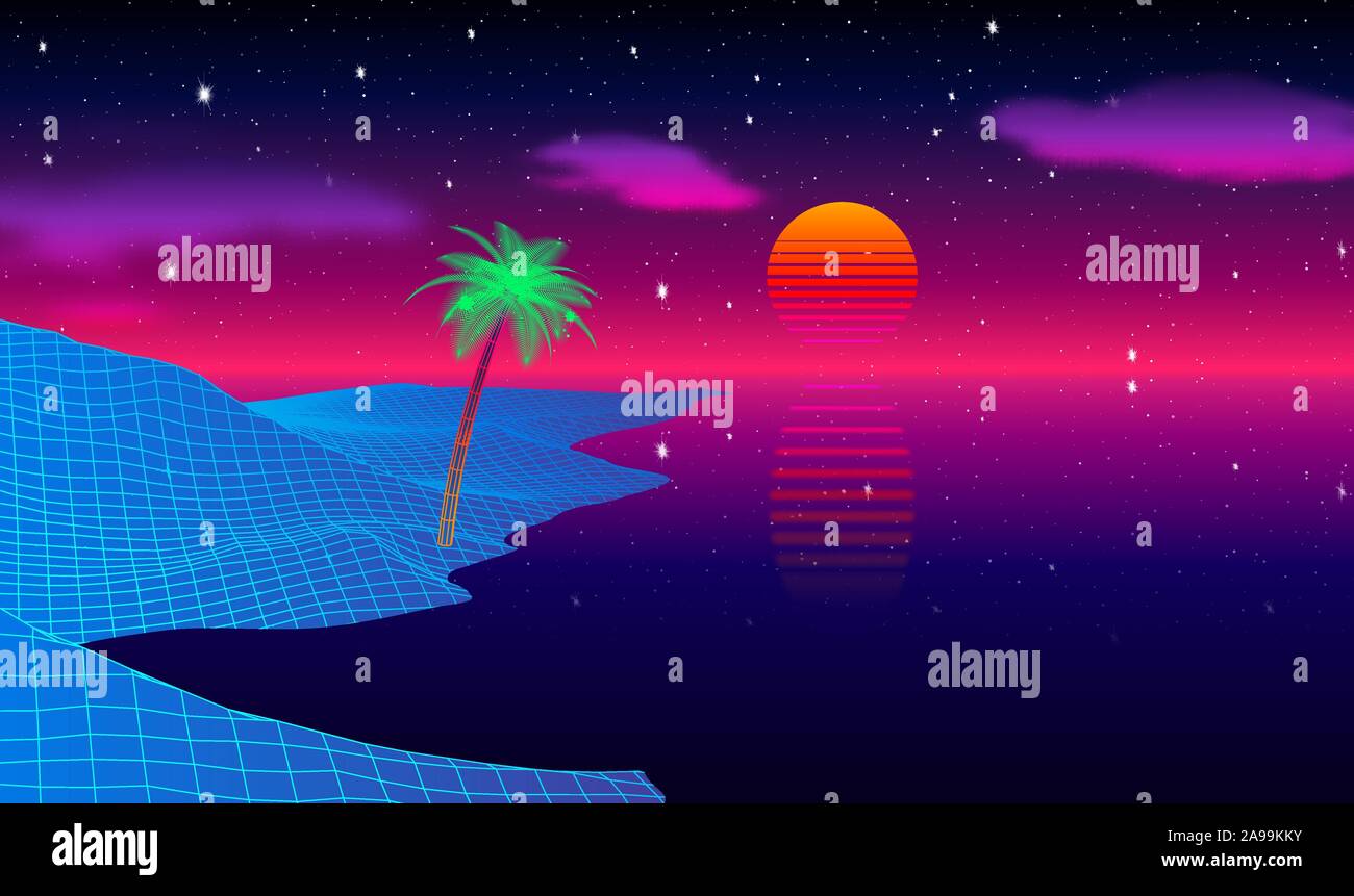 Plage avec palmier au coucher du soleil avec synthwave retrowave ou old 80s style de jeu d'ordinateur Illustration de Vecteur