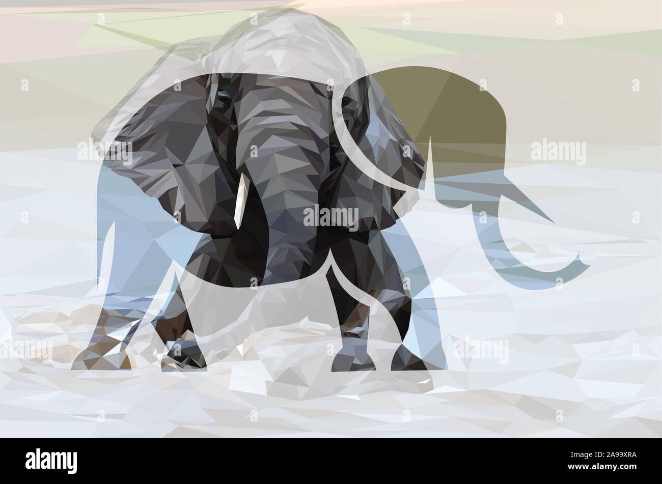 Low poly illustration d'un éléphant d'Afrique la natation dans l'eau à l'intérieur de la forme d'éléphant avec un arrière-plan Banque D'Images