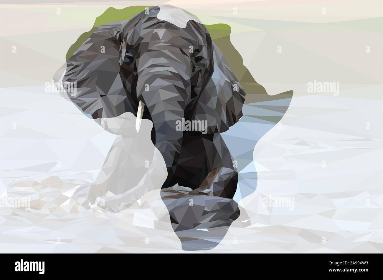 Low poly illustration de l'éléphant d'une piscine dans l'eau à l'intérieur de la forme de l'Afrique avec un arrière-plan Banque D'Images