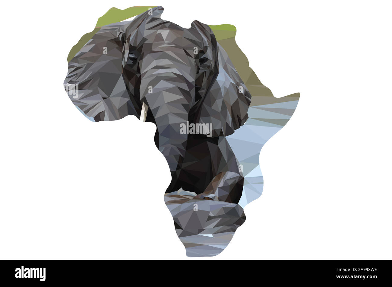 Low poly illustration de l'éléphant d'une piscine dans l'eau à l'intérieur de la forme de l'Afrique Banque D'Images