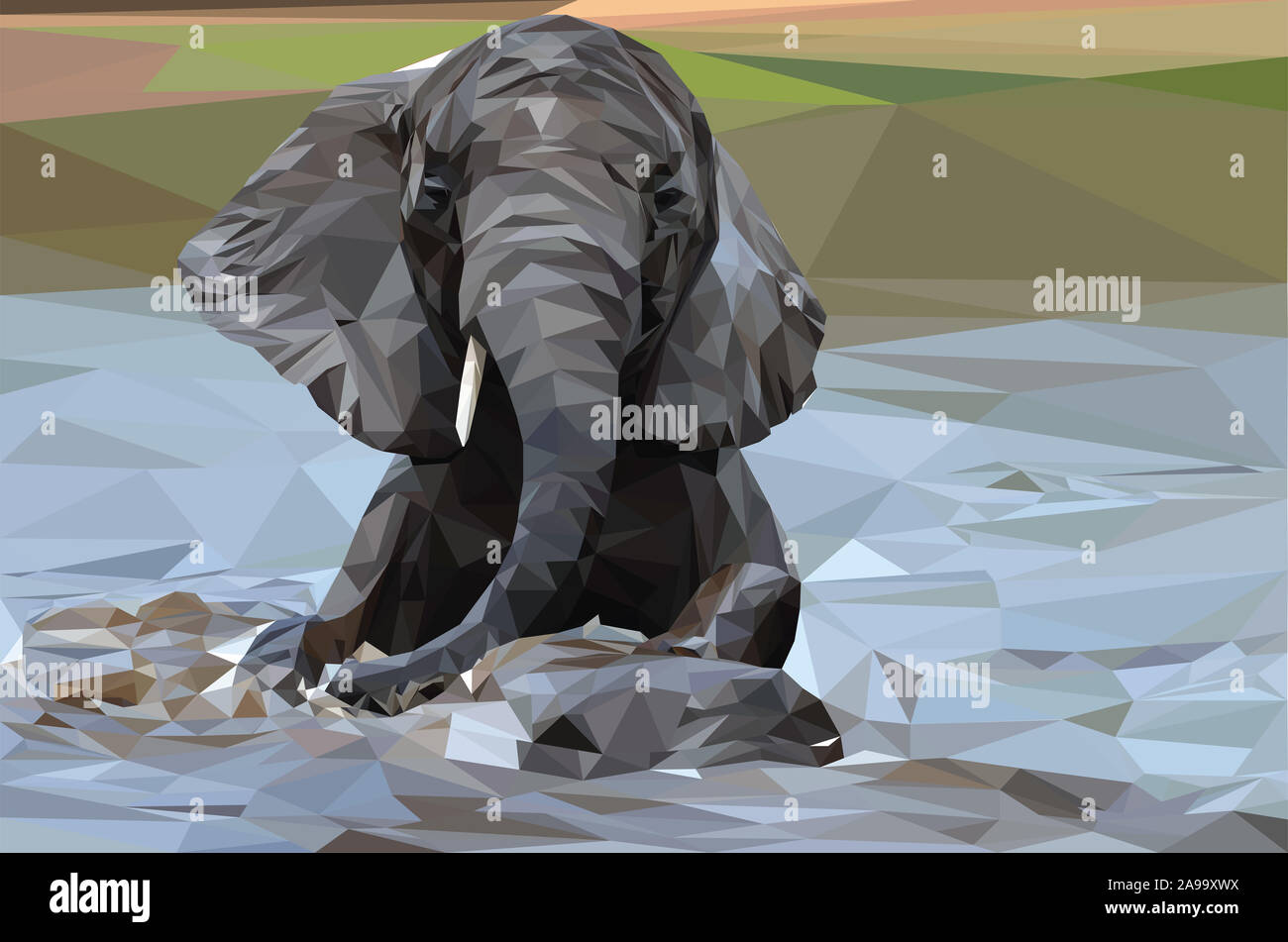 Low poly illustration d'un éléphant d'Afrique dans l'eau de natation Banque D'Images