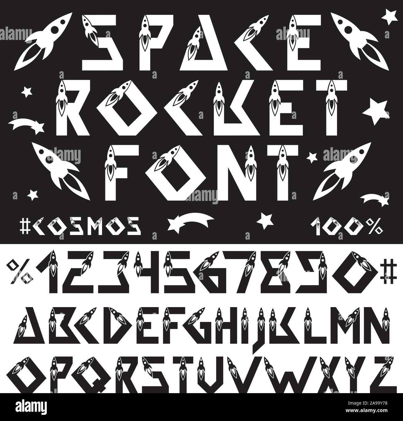 Alphabet fusée spatiale font. La technologie, les vols spatiaux, la science. Anglais géométrique des lettres et des chiffres. Pour la conception d'éléments Illustration de Vecteur