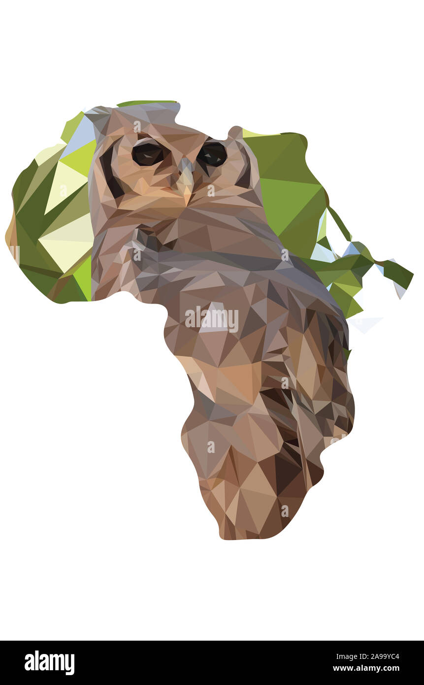 Low poly illustration d'un hibou assis sur une branche dans un arbre en forme de l'Afrique Banque D'Images Low poly illustration d'un hibou assis sur une branche dans un arbre en forme de l'Afrique Banque D'Images