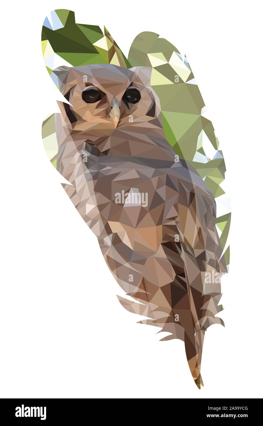 Low poly illustration d'un hibou assis sur une branche dans un arbre en forme de plumes Banque D'Images Low poly illustration d'un hibou assis sur une branche dans un arbre en forme de plumes Banque D'Images
