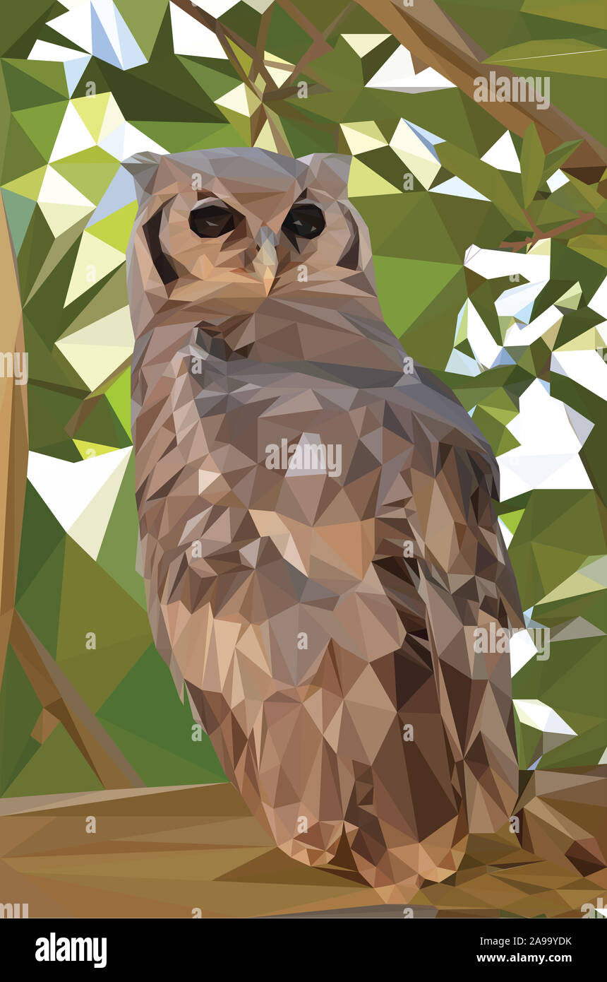 Low poly illustration d'un hibou assis sur une branche dans un arbre Banque D'Images