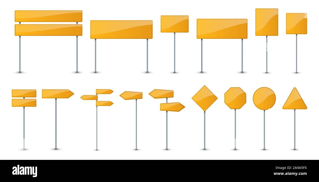Ensemble de route jaune panneaux de texte. La signalisation routière isolés. Vector illustration. Panneaux de circulation. Illustration de Vecteur