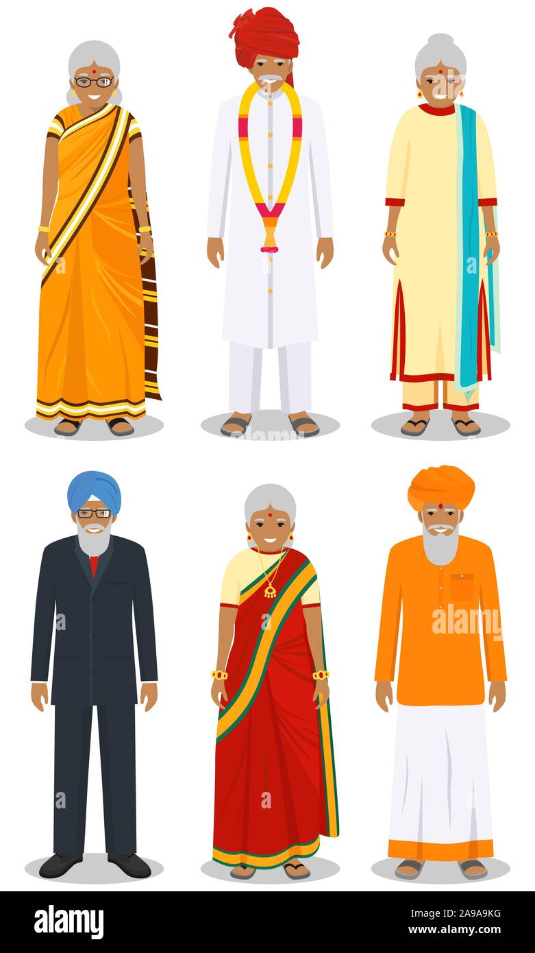 Ensemble de différents standing indian personnes âgées dans les vêtements traditionnels isolé sur fond blanc dans le style. Les différences entre les hommes et les femmes Illustration de Vecteur