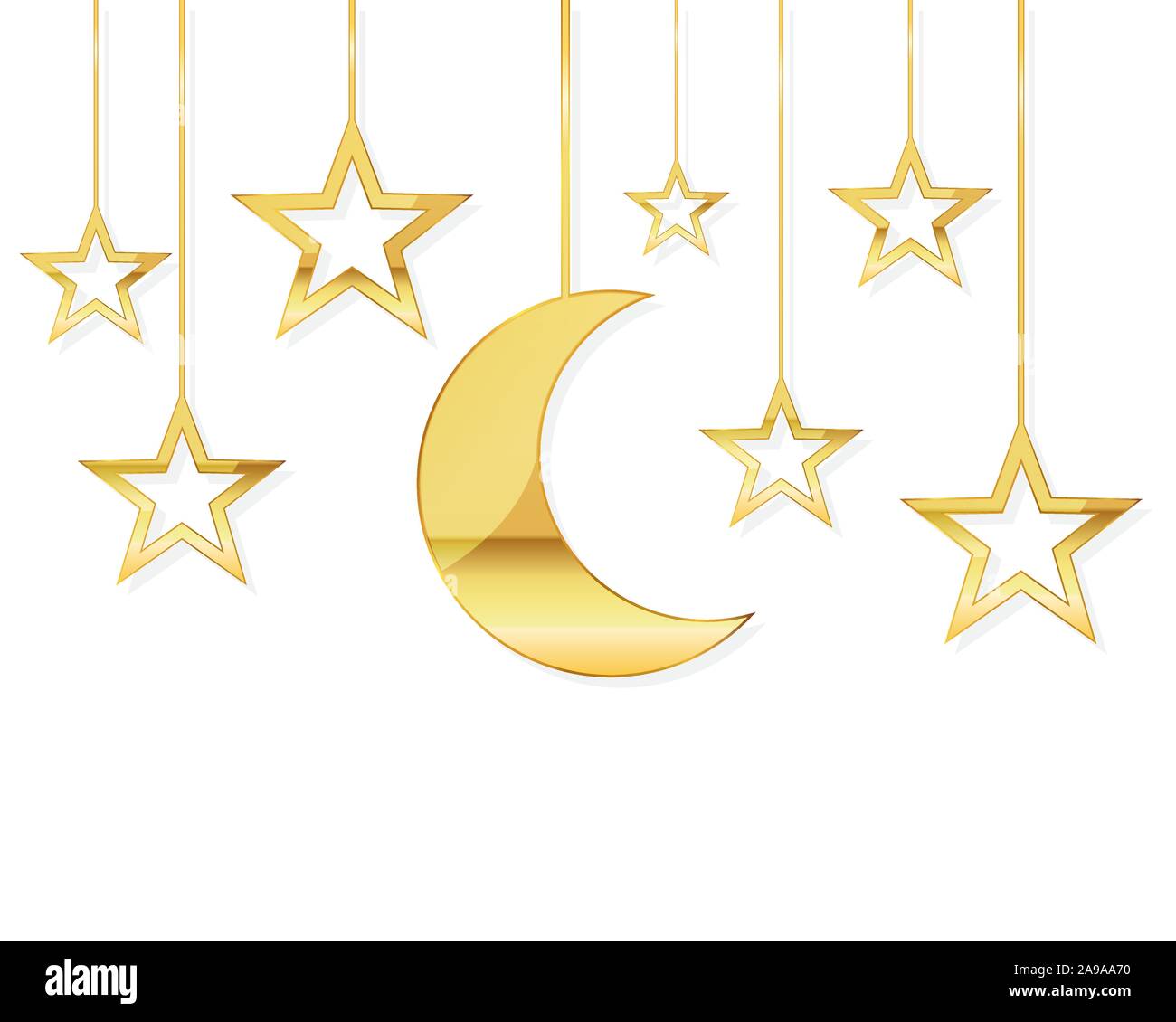 Arrière-plan de célébration avec un accrochage d'or la lune et les étoiles. Vector illustration. Message d'accueil de fête Illustration de Vecteur