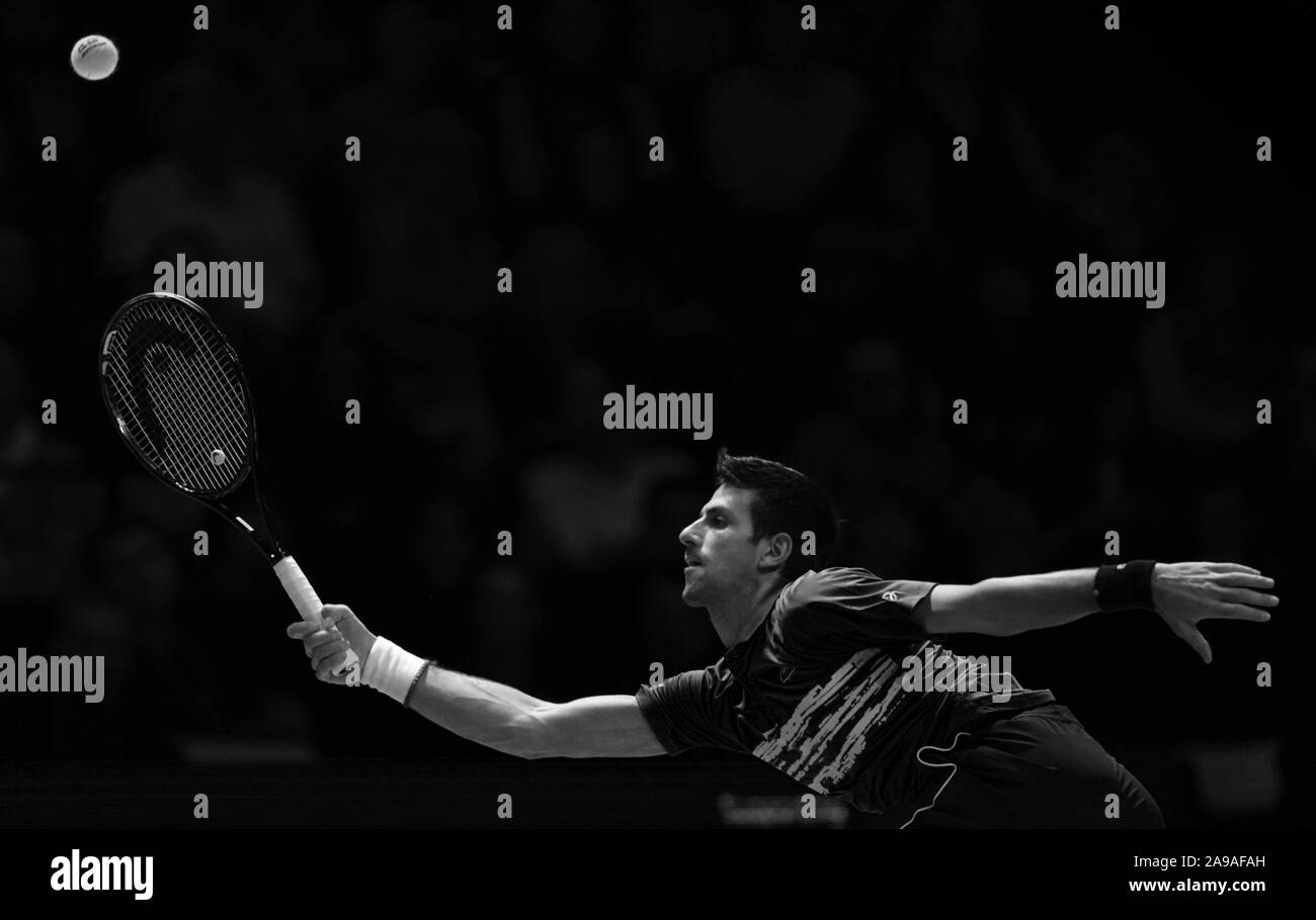 Novak Djokovic, le troisième jour de l'ATP Nitto finale au O2 Arena, Londres. Banque D'Images