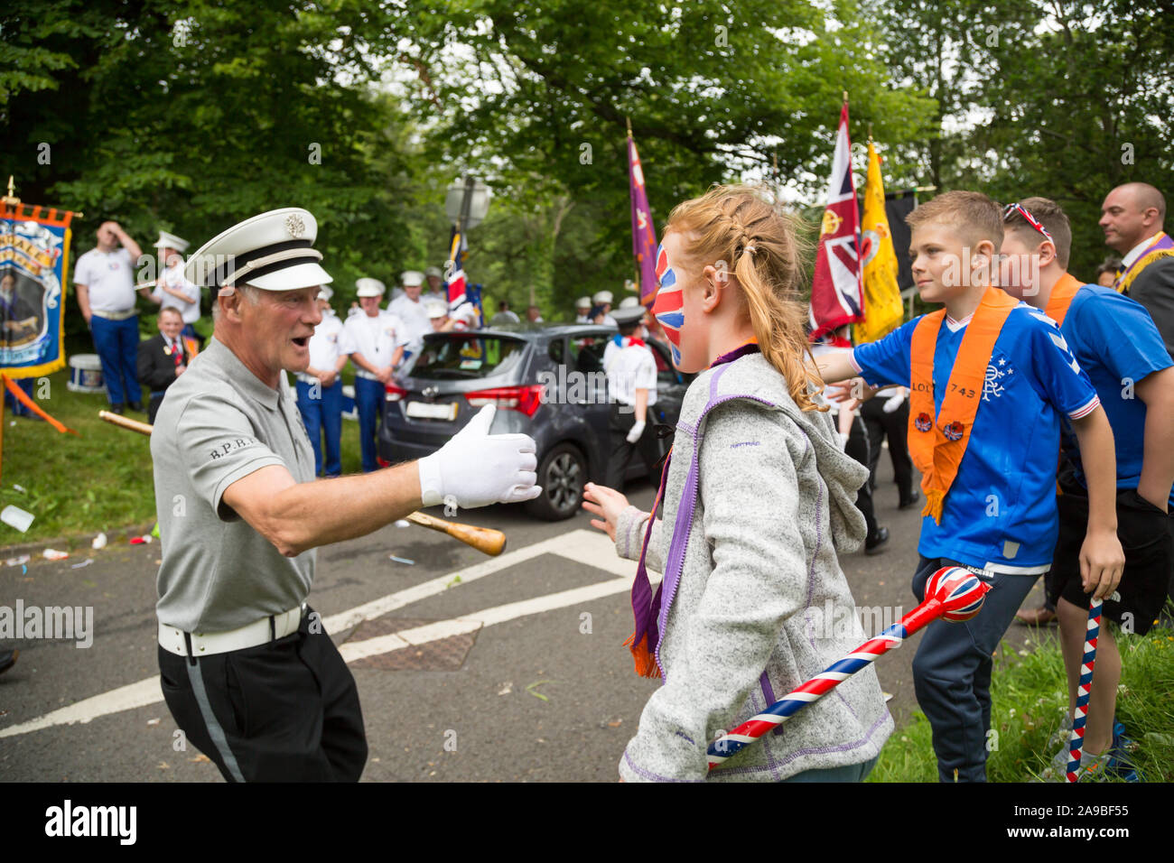 12.07.2019, Belfast, Irlande du Nord, Royaume-Uni - Parade sur jour Orangemens, protestante, politiquement chargée et vacances annuelles commémorant le Banque D'Images