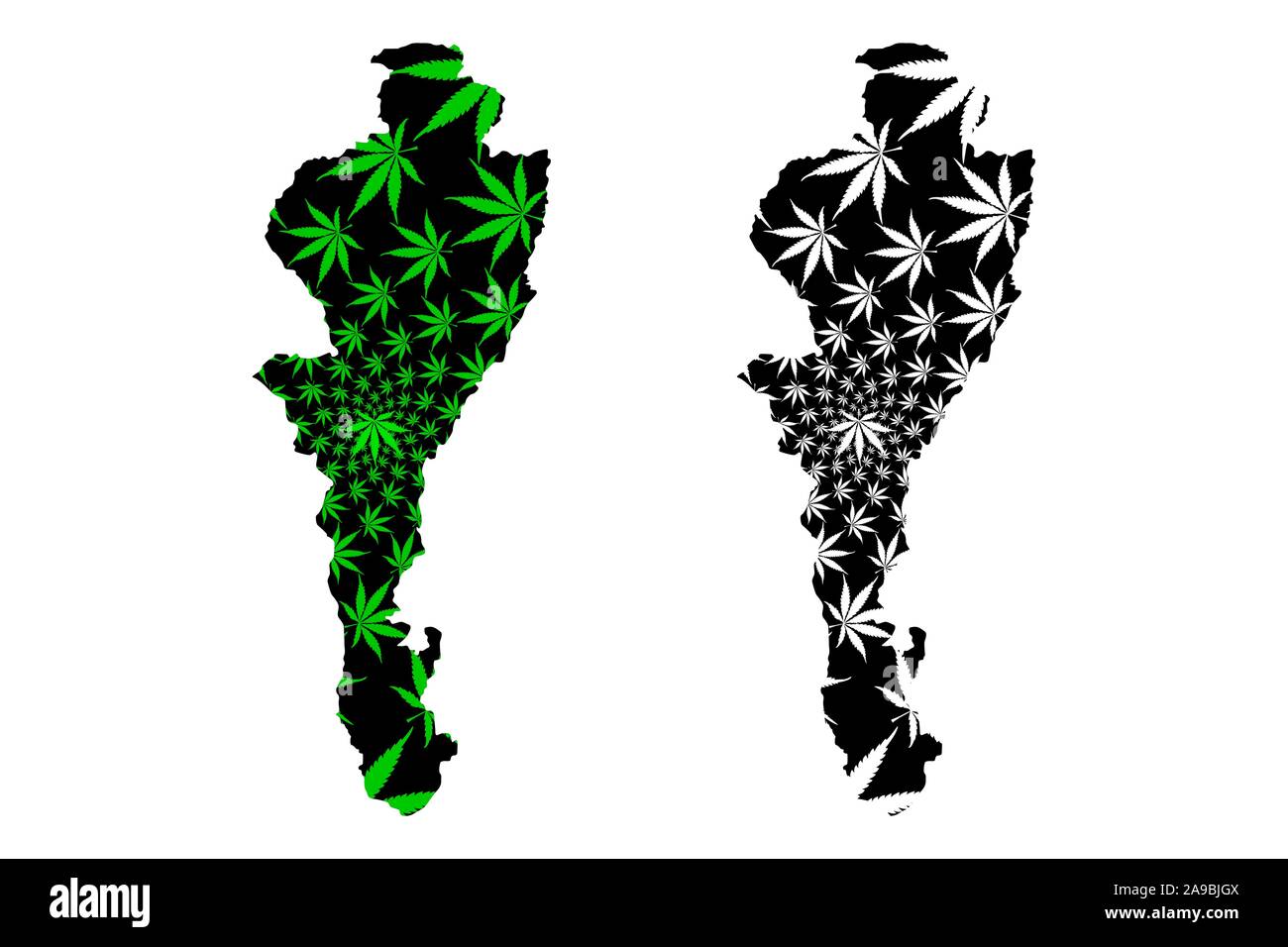 Cesar Ministère (Colombie, République de Colombie, les ministères de la Colombie) la carte est conçue de feuilles de cannabis vert et noir, Cesar carte fait de la marijuana Illustration de Vecteur