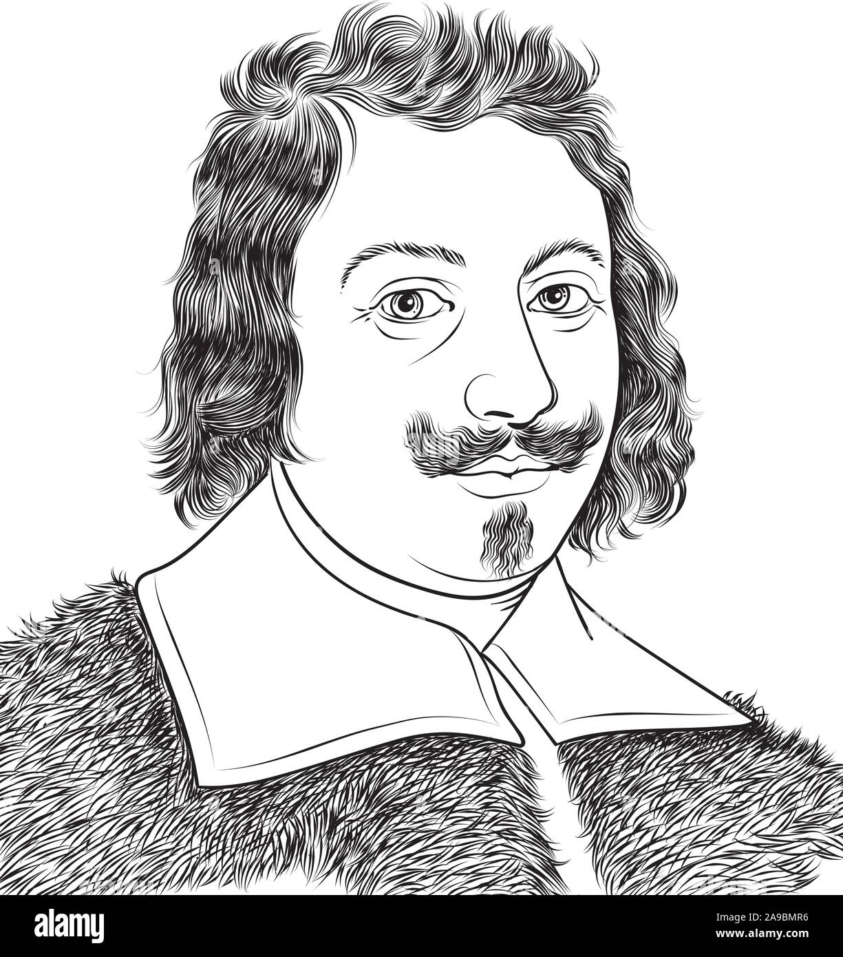 Evangelista Torricelli caricature portrait. Il était un physicien et mathématicien italien qui a inventé le baromètre. Illustration de Vecteur