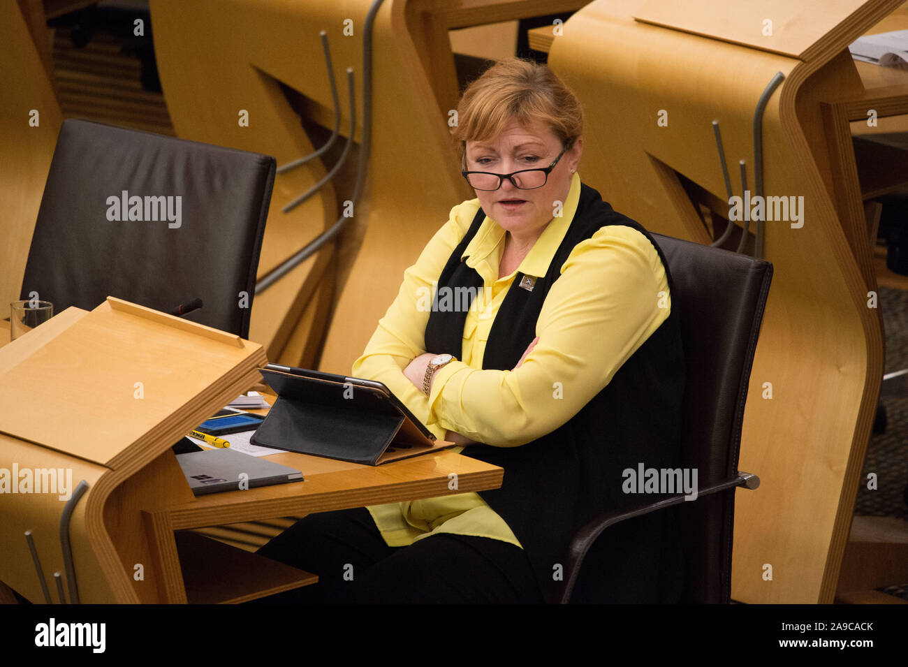 Edinburgh, Royaume-Uni. 14 novembre 2019. Photo : Emma Harper MSP. Débat de l'après-midi : Répercussions de l'imposition de droits de douane américains sur les produits écossais. Crédit : Colin Fisher/Alamy Live News Banque D'Images