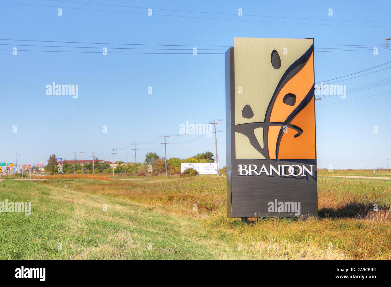 Un panneau de bienvenue à Brandon, Manitoba, Canada. Brandon est la deuxième plus grande ville du Manitoba Banque D'Images