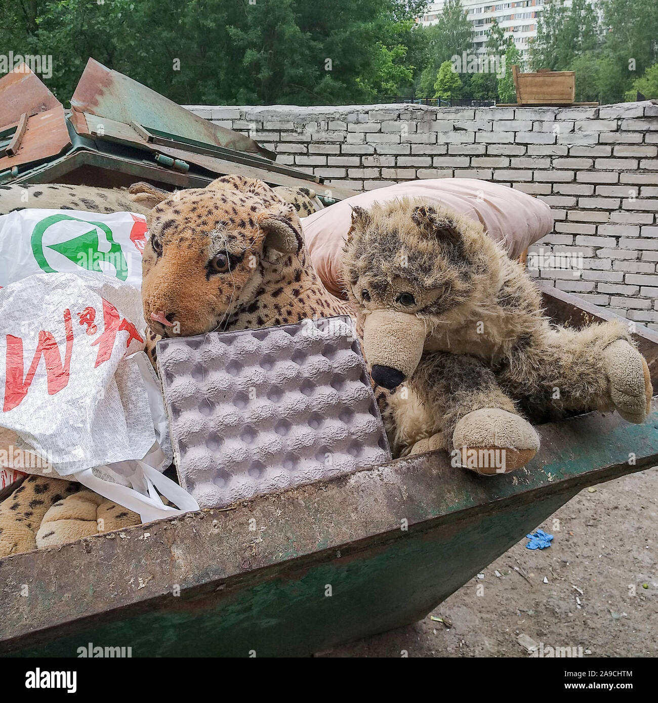 Saint-pétersbourg, Russie - 9 juin 2019 : Les jouets représentant un ours et un leopard sont jetés dans la corbeille. Déchets ménagers dans une poubelle. La corbeille n'est pas Banque D'Images