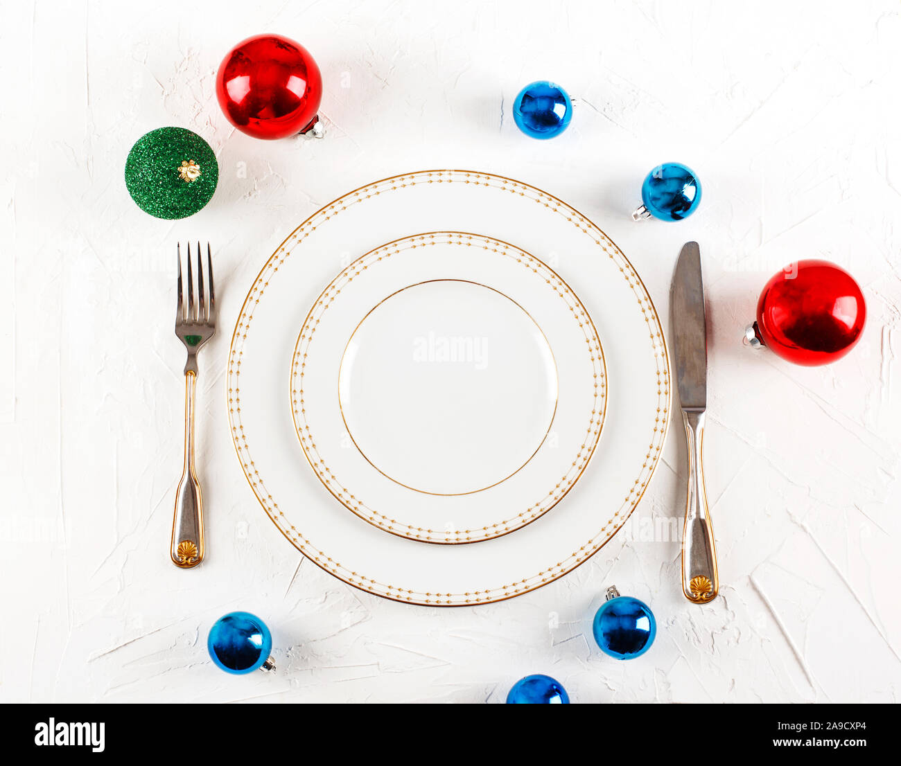 Réglage de la table de Noël. Maison de décoration, vue d'en haut Banque D'Images