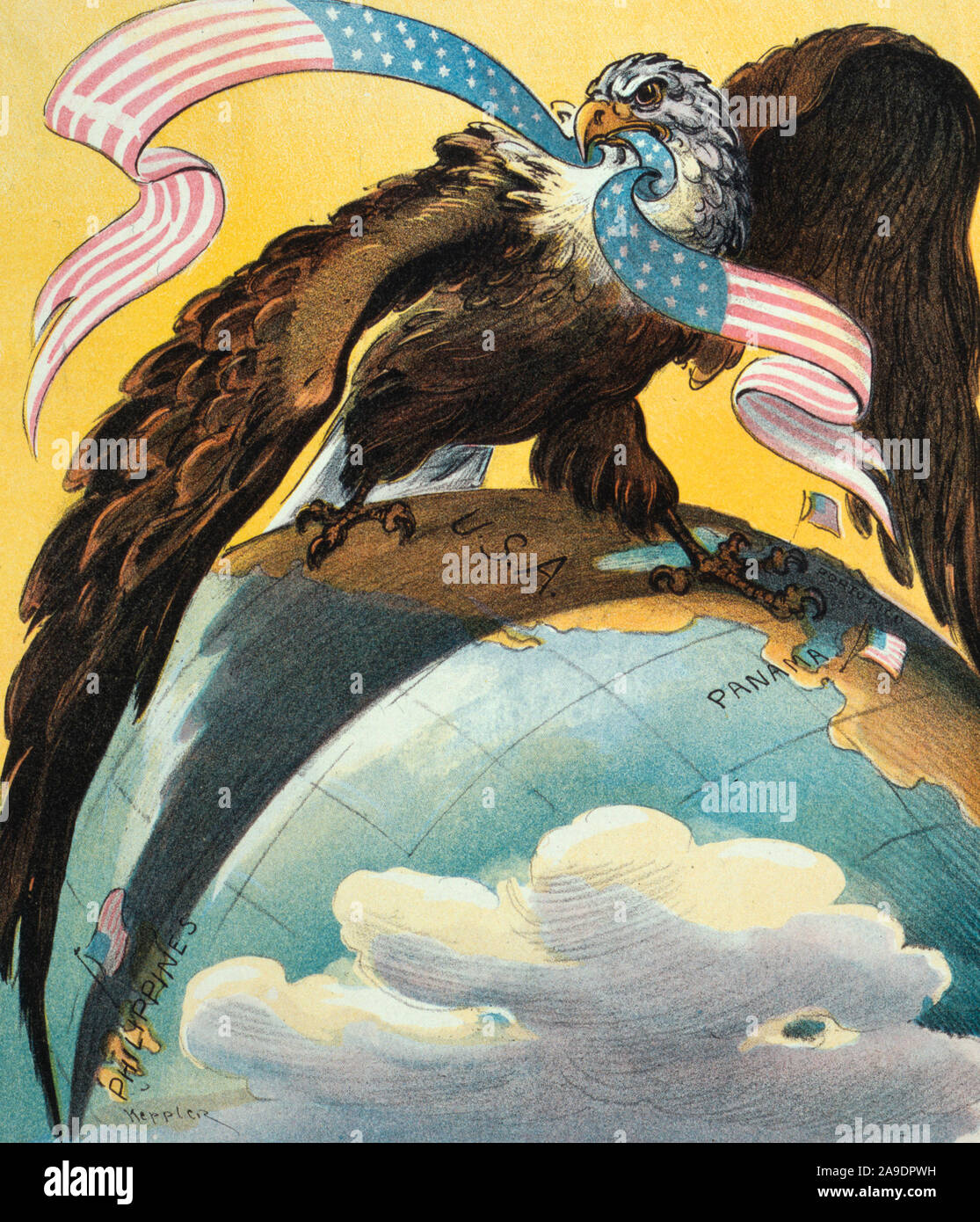 Son 128e anniversaire "Gee, mais c'est un tronçon !' American Eagle debout sur le monde--un pied en Amérique, l'autre en Amérique centrale. Caricature politique, 1904 Banque D'Images
