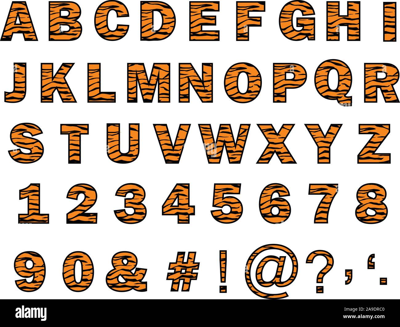 Alphabet de la texture de la peau de tigre tigre. alphabets et chiffres sur fond blanc. tiger font. Illustration de Vecteur
