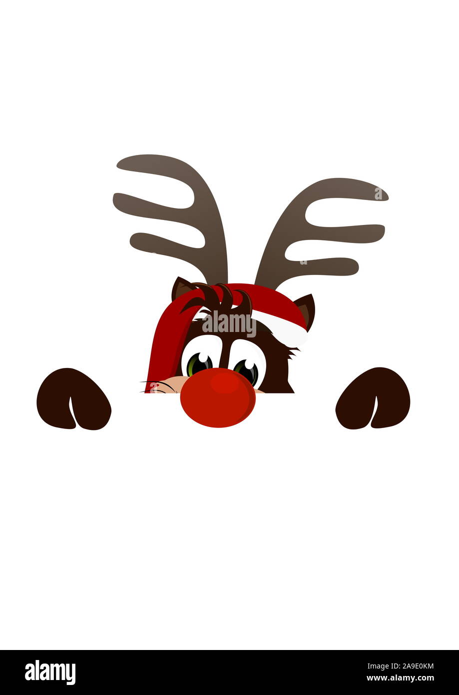 Temps de Noël drôle avec Rudolf, le renne au nez rouge sur un fond blanc d'hiver.Il est recherchez votre. Banque D'Images