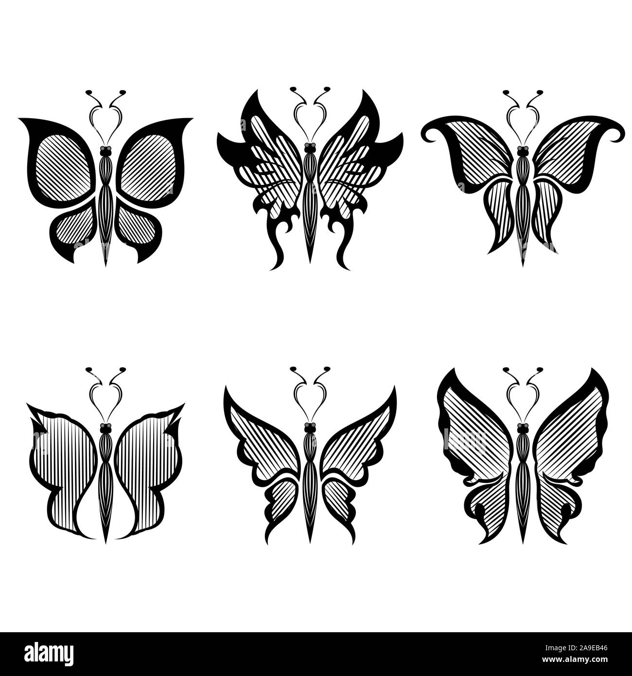 Ensemble de six papillons noirs décoratifs sur le fond blanc, dessin à la main artworks Illustration de Vecteur