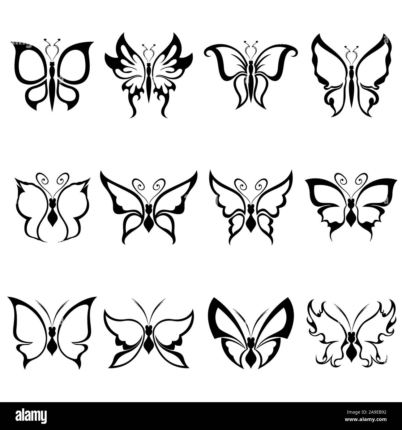 Ensemble de douze papillons noir décoratif isolé sur le fond blanc, dessin à la main d'art illustration Illustration de Vecteur