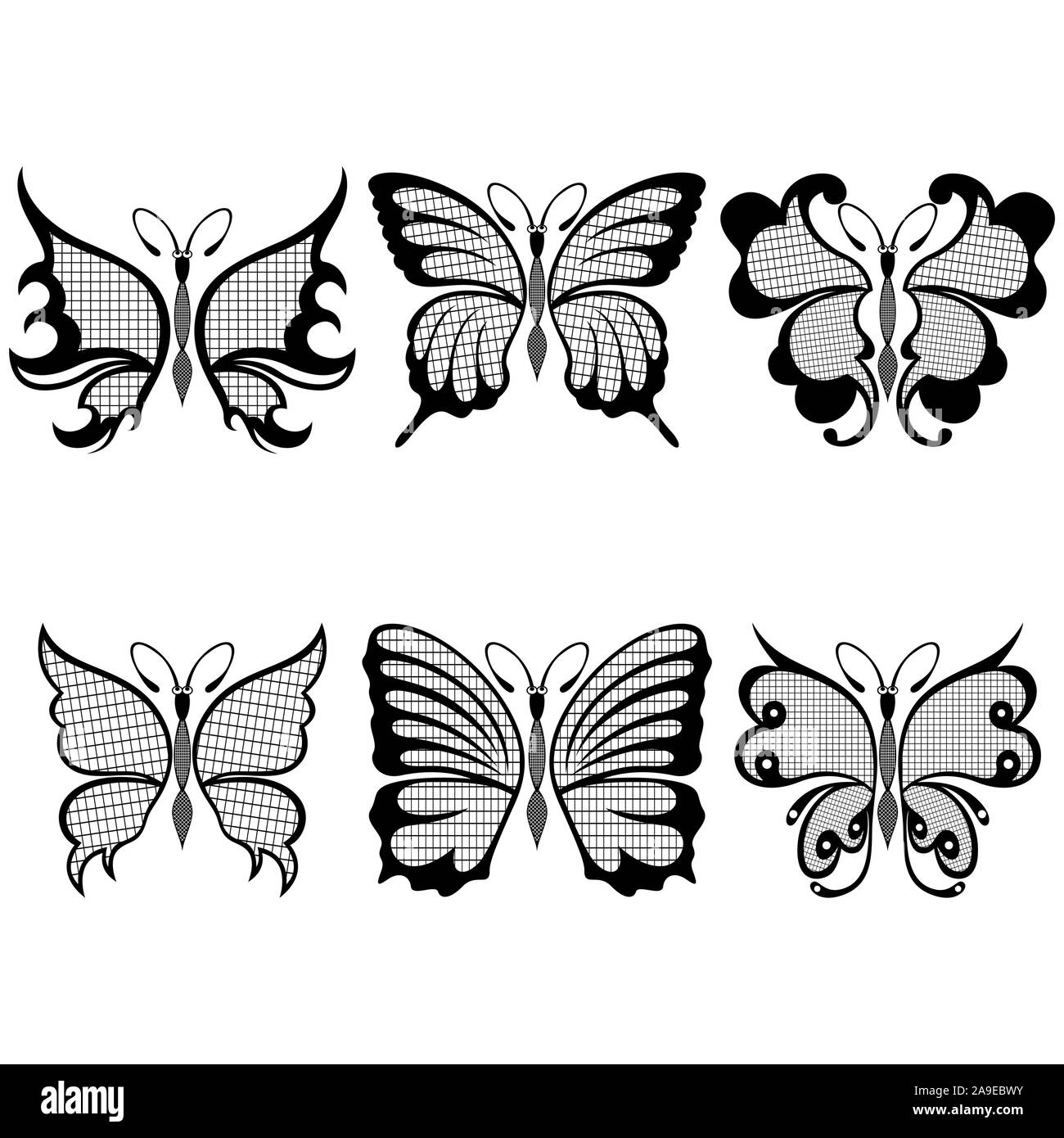 Ensemble de six papillons noirs décoratifs avec des ailes décorer grillage sur le fond blanc, dessin à la main artworks Illustration de Vecteur