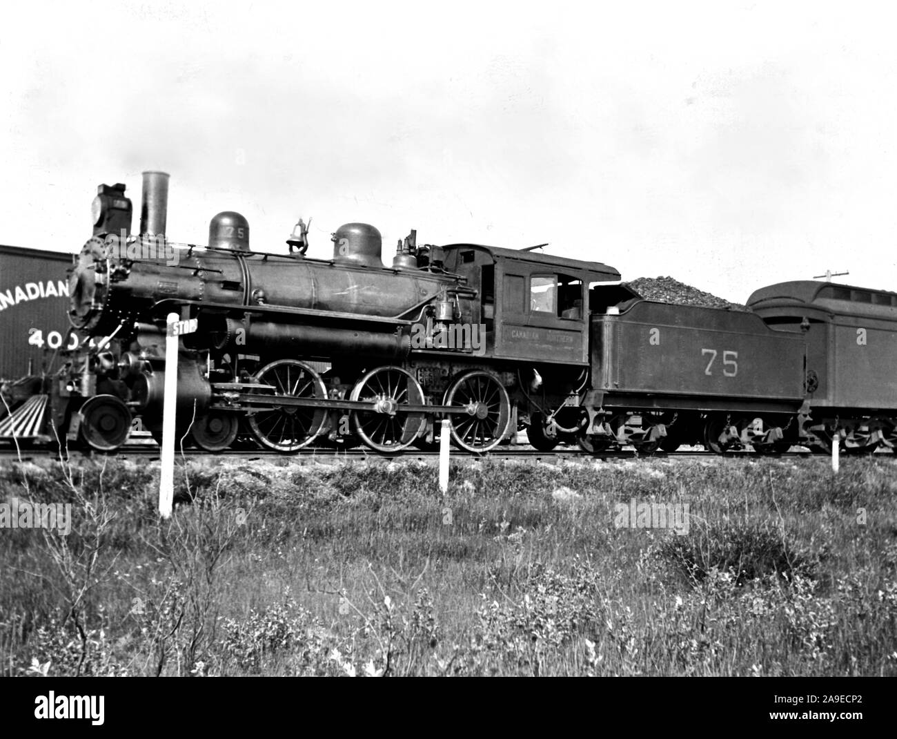 Photo de locomotive du chemin de fer Canadien du Nord, numéro 75, à Warman Junction, en Saskatchewan, prises en 1907. Banque D'Images