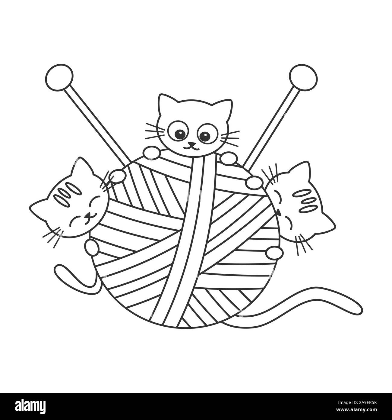 Cute cartoon noir et blanc chats jouant avec de la laine ball funny vector illustration de l'art à colorier Illustration de Vecteur