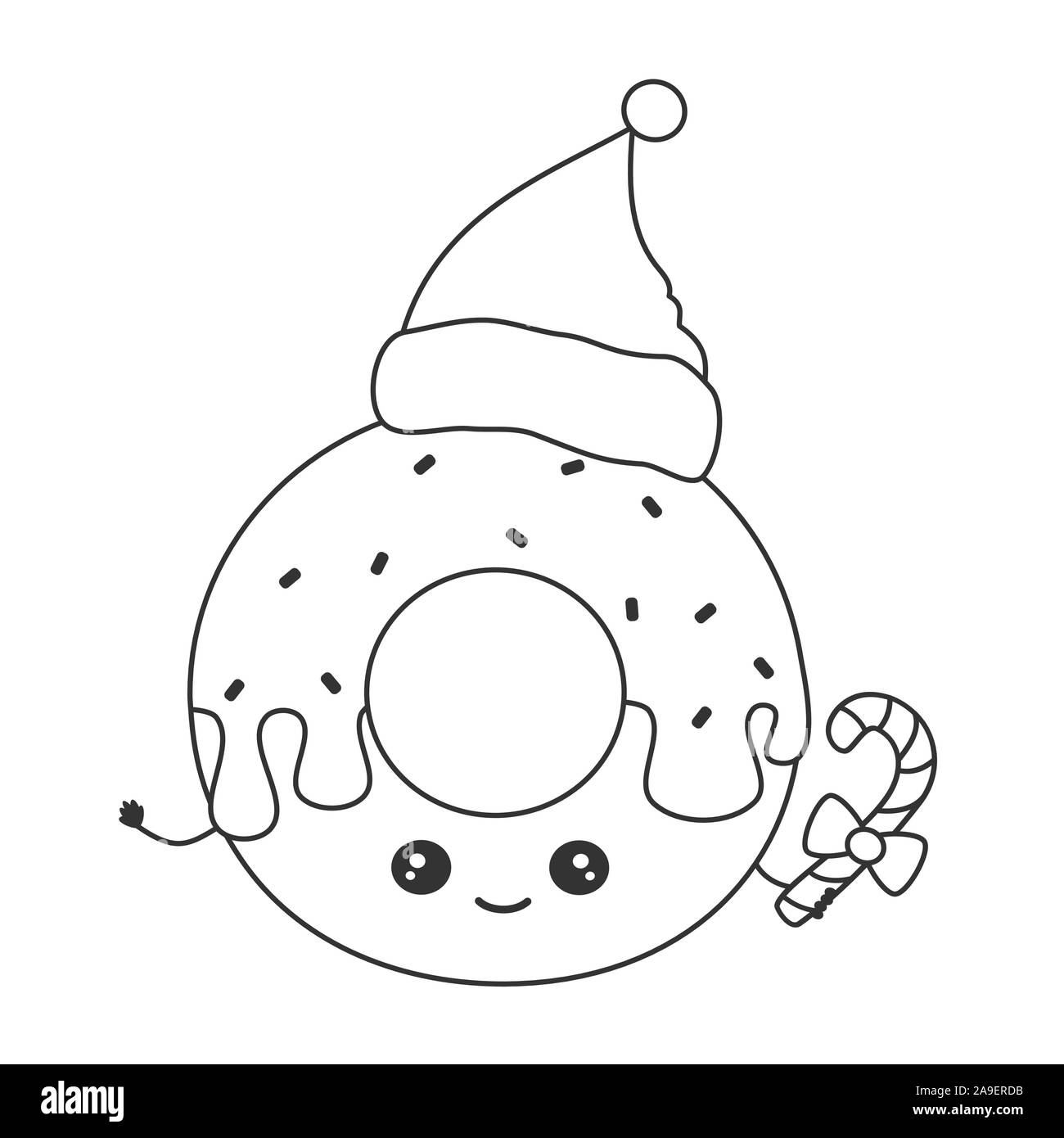 Cute cartoon noir et blanc noël caractère donut with santa hat funny vector illustration de l'art à colorier Illustration de Vecteur