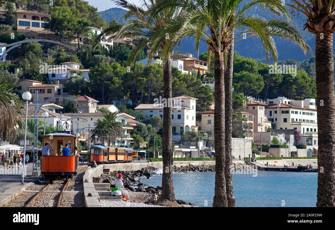 Tramway Nostalgique à Port de Soller, Soller, Majorque, îles Baléares, Espagne Banque D'Images