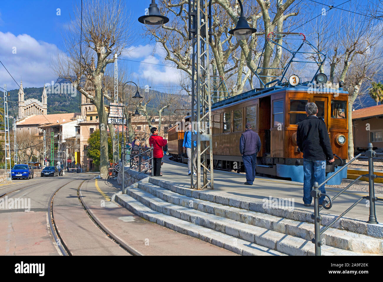 'Red Flash", un tram nostalgique à Soller, Majorque, îles Baléares, Espagne Banque D'Images