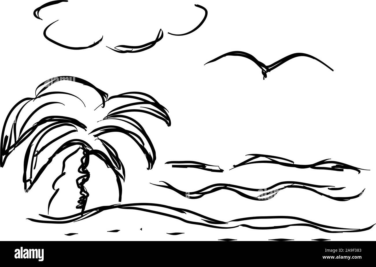 Conception de plage en été. Maison de l'illustration, de l'océan. Paysage de mer. Affiche pour design de bannières, sketch Illustration de Vecteur