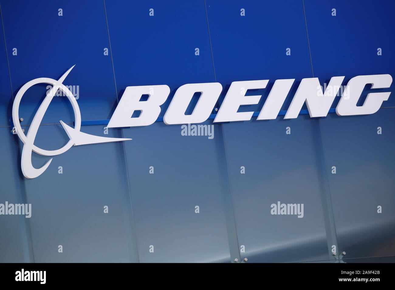 Logo de Boeing à leur pavillon au salon Farnborough International Airshow 2018, UK Banque D'Images