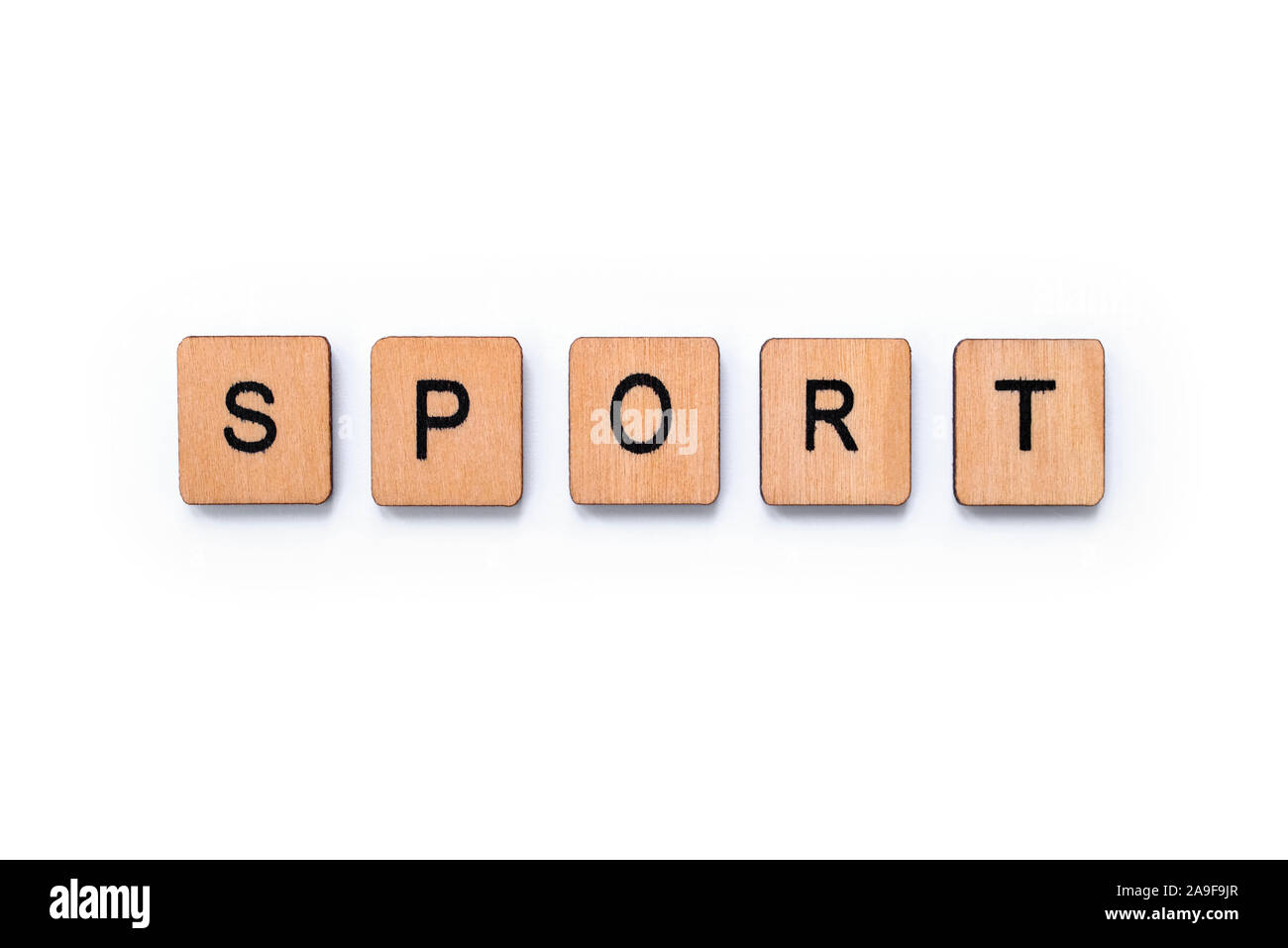 Le mot sport, de l'épeautre avec des lettres sur un fond blanc. Banque D'Images